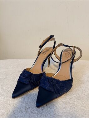 Jewel By Bagley Mishka Navy Satin Pointed Toe Ankle-Strap Heels with Bow Accent